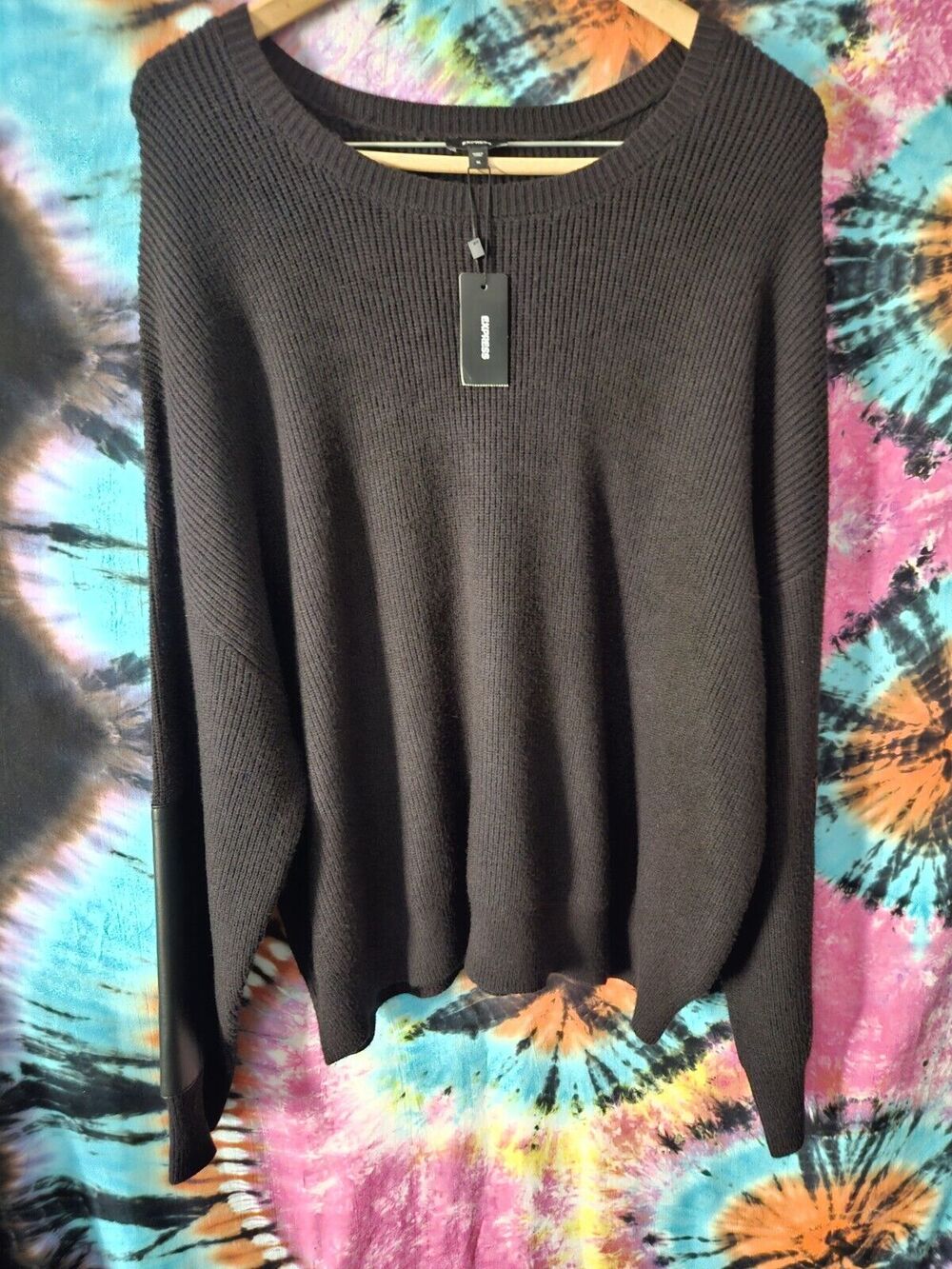 NWT Express Black Sweater With Faux Leather Accents Men's XL Crew Neck Pullover